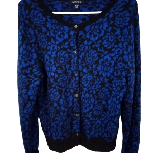 Lands End Cardigan Button Front  Blue/Black Floral Design w. Shimmer Tapered M - Picture 1 of 9